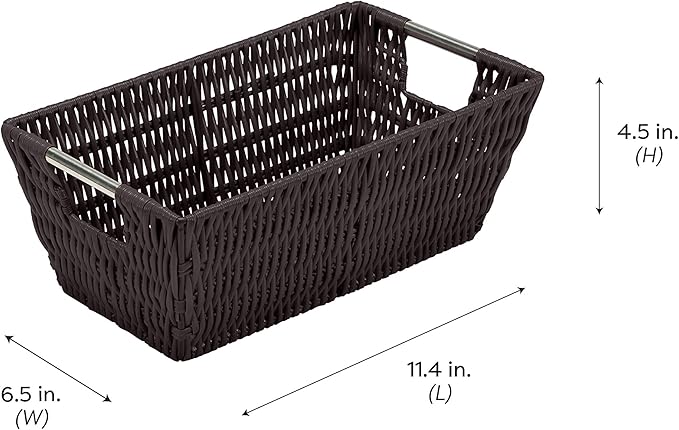 Simplify 11"x6.5"x4.5" Small Shelf Storage Woven Basket with Handles, Nursery, Playroom, Toys, Bedroom, Closet, Clothes, Office, Decorative Rattan Totes, Chocolate