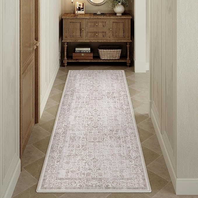 Light Brown Runner Rug 3x8 Hallway Machine Washable Kitchen Vintage Distressed Non Slip Long Carpet Indoor Retro Floral Bedroom Accent Throw Rug for Bathroom Office Laundry Dining Room