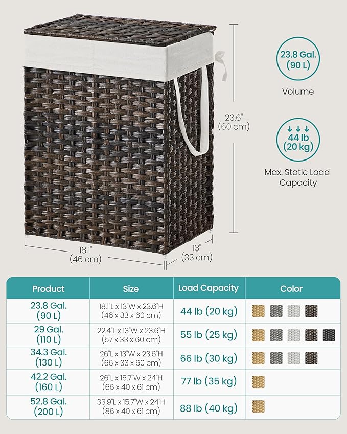 SONGMICS Laundry Hamper with Lid, 90L Clothes Hamper with 2 Removable Liner Bags, 6 Mesh Bags, Wicker Laundry Basket, Double Laundry Hamper for Bathroom, 13 x 18.1 x 23.6 Inches, Brown ULCB251K01V1