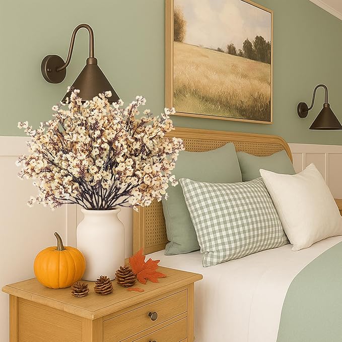 Uieke 30 Pcs Artificial Flowers Baby Breath Faux Champagne Artificial Gypsophila Bouquet Fake Silk Flowers Real Touch for Home Office Kitchen Wedding Wall DIY Room Farmhouse Décor