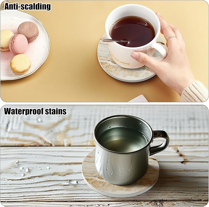 Coasters for Drinks Set of 8, Absorbent Marble with Metal Golden Holder, Ceramic Coaster Set Cup Mat for Home Decor, Bar, Kitchen, Party