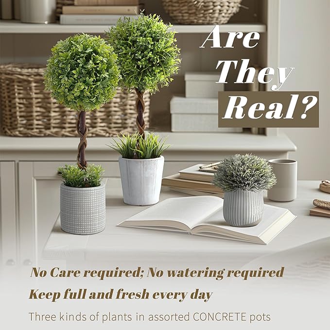 3 Pack Small Fake Plants 14.57 Inch, Small Artificial Boxwood Topiary Trees Potted in Cement Planter, Artificial Plants Indoor/Outdoor for Home Bathroom Bedroom Kitchen Office Room Decor