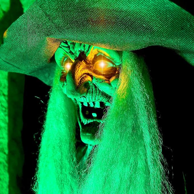 Haunted Hill Farm Lifesize Scary Talking Witch Prop with Cauldron and Broom with Touch Activated Lights and Sound, Battery-Operated Indoor or Covered Outdoor Halloween Decoration