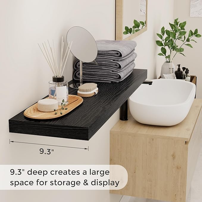 Floating Shelves Black 36 Inch Long, 9.3" Deep Floating Shelf Wall Mounted, Rustic Deep Bookshelf, Large Display Storage Shelves for Bathroom, Bedroom, Kitchen, 36"W x 9.3"D x 1.5"H, Set of 2