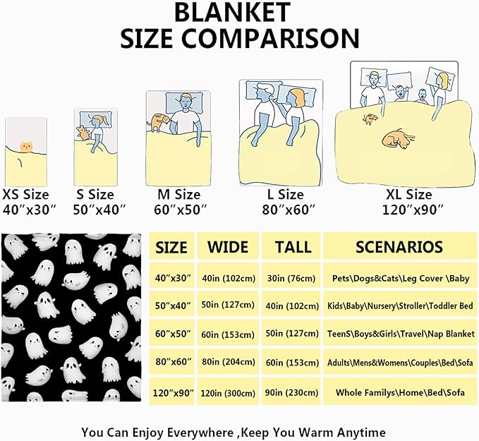 Cute Ghost Blanket for Boys Girls - Halloween Decor for Couch/Bed/Living Room - Ultra Soft Blanket Home Decor for All Seasons - 90"x120"-Familys/King Size
