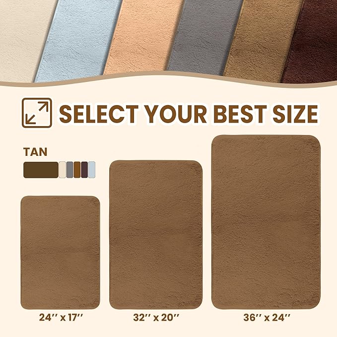 TECHMILLY Fluffy Bathroom Rug Mat 24x17, Absorbent Thick Non Slip Microfiber Mats, Quick Dry Machine Washable Bath Rug for Bathroom Floor, Bathtub and Shower, Tan