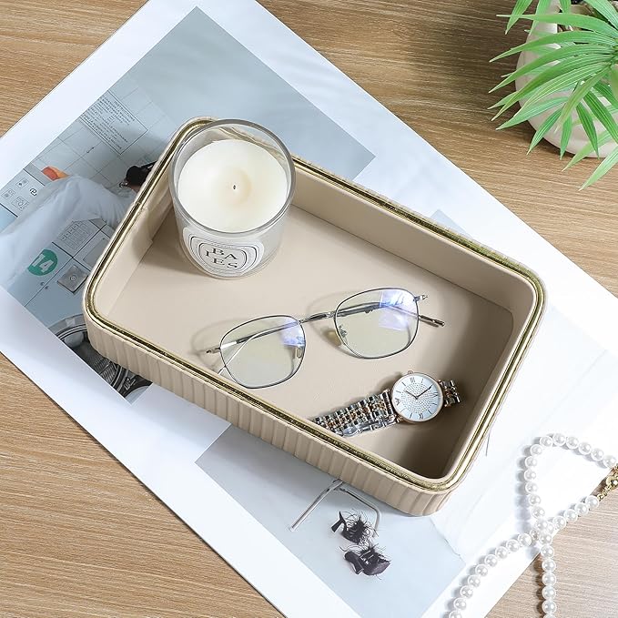 Desk Organizer Tray, PU Leather Valet Tray Nightstand Organizer Cologne Perfume Tray for Men Women, Decorative Vanity Tray Key Bowl Trinket Dish Bathroom Bedroom Accessories (Beige)