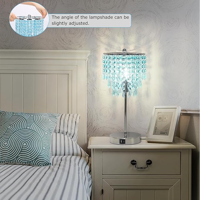 Touch Control Crystal Table Lamp, Dual USB Bedside Lamps for Bedroom, 3-Way Dimmable Nightstand Lamp with Elegant Teal Shade for Living Room, Girls Room, Office, B11 6W LED Bulb Included