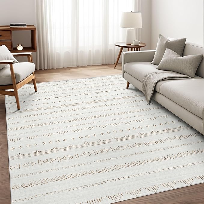 Deerly 5x7 Living Room Rug, Moroccan Boho Machine Washable Rugs 5x7 Area Rug with Non-Slip Backing, Soft Low Pile Indoor Floor Carpet Neutral Rug for Bedroom Dining Room, Light Brown