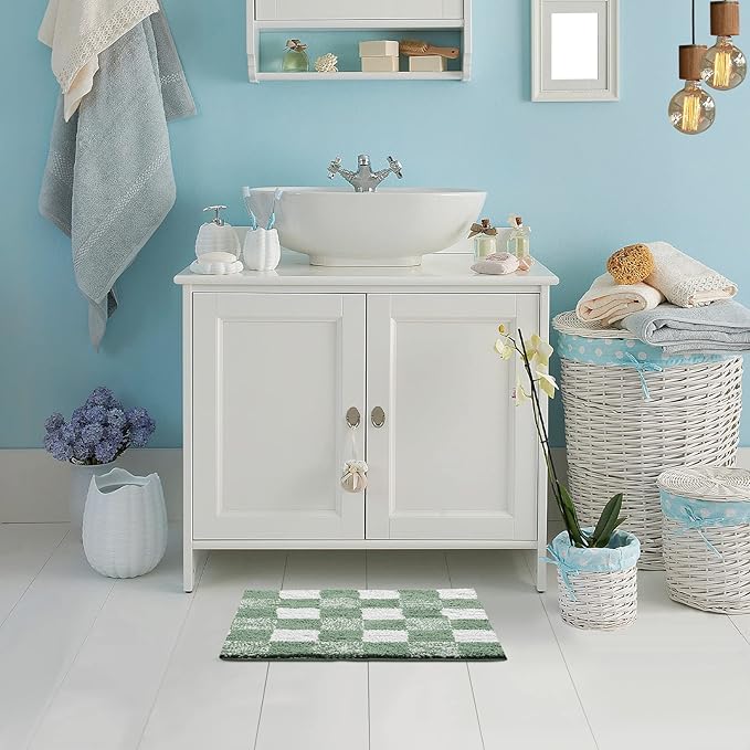CozeCube Checkered Bath mats for Bathroom Non Slip, Fluffy Absorbent Microfiber Bath mat Washable, Aesthetic Bathroom Rugs, Cute Bath mat for Shower Sink, Sage Green, 24" x 16