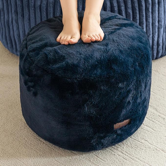 HIGOGOGO Pouf Stuffed Ottoman Round Modern Foam Filled Foot Rest Chair Decorative Poufs 20 x 15 Inches Fluffy Boho Comfy Stool for Living Room, Navy Blue