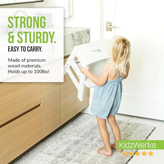 Kids Step Stool for Toddlers Bathroom Kitchen Potty Wooden Children’s Stepping Standing 2-Step Ladder, White