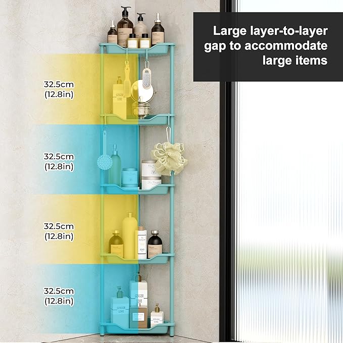 Orimade Rustproof 5 Tier Floor Standing Corner Shower Caddy Organizer, Plastic Metal Splicing Floor Corner Shelf Rack Stands for Bathroom, Blue