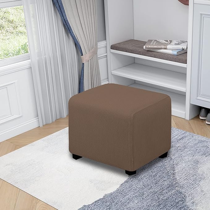 Easy-Going Stretch Square Ottoman Cover Folding Storage Stool Furniture Protector Soft Slipcover with Elastic Bottom (15x15x15inch, Brown)