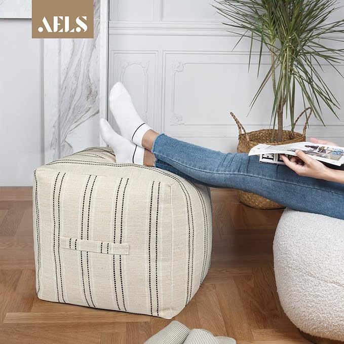 AELS Unstuffed Farmhouse Pouf Cover for Living Room, Boho Storage Bean Bag Cubes, Beige with Black Stitch Yarn Dyed Stripe Linen Square Ottoman Pouf Foot Rest Footstool, 18"x18"x18", Cover ONLY