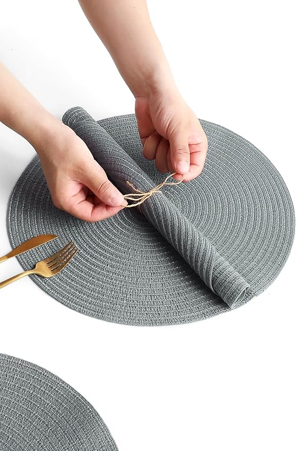 Floroom 15 Inch Round Braided Placemats Set of 4, Washable Heat Resistant Cotton Polyester Circle Place Mats for Kitchen Dining Table - Charcoal Grey