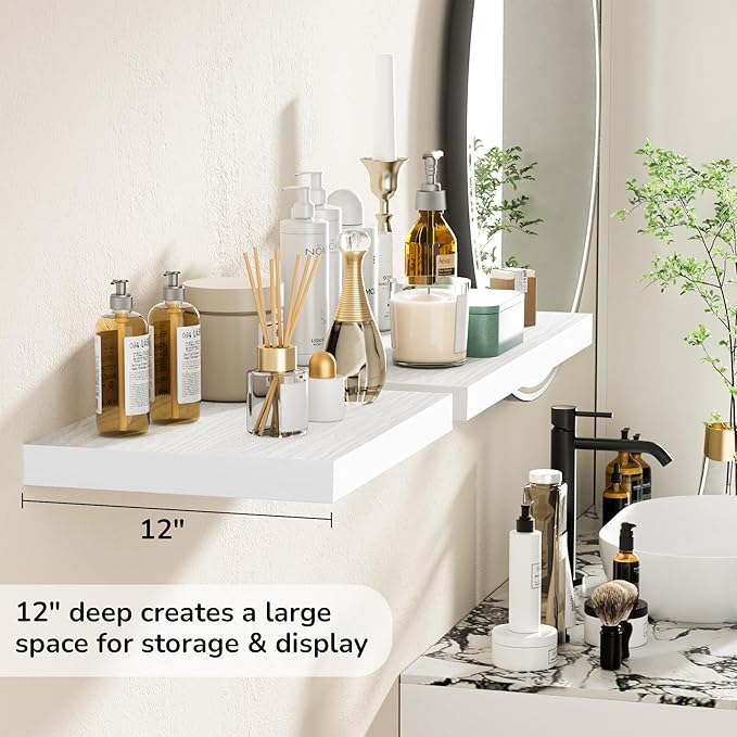 Fun Memories Floating Shelves - 2 Pack 12 Inch Deep Rustic Wooden Wall Shelves - Extra Deeper & Thicker Wall Mounted Storage Shelf for Living Room, Kitchen, Farmhouse - 16" W x 12" D x 1.5" H - White