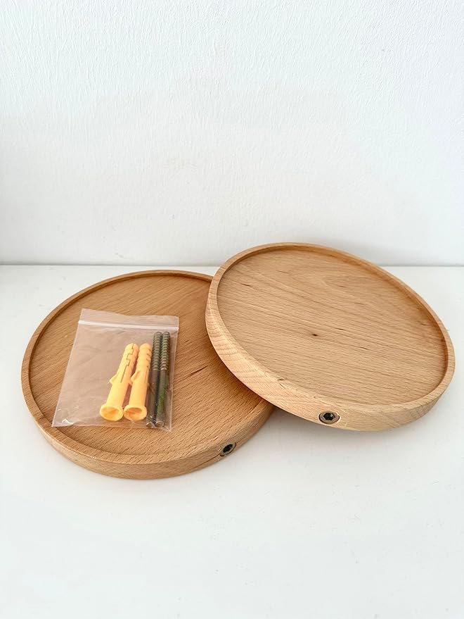 Coracle Floating Shelf Wood Round Wall Mounted Showcase Wall Shelf Hanging Planter Storage Wooden Shelf for Plants Photo Candle Invisible Wall Decoration Design Set of 2 (Diameter Ø7.09 inch)