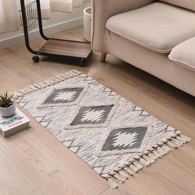 Boho Bathroom Rugs 2x3ft Farmhouse Bath Runner Rug, Small Tufted Cotton Accent Floor Mat with Tassels, Grey