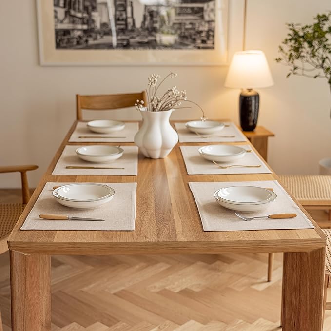 Demetex Placemats Set of 6 Heat Resistant Dining Table Mats Linen Cloth Placemats for Kitchen Indoor Outdoor Place Mats, Light Linen