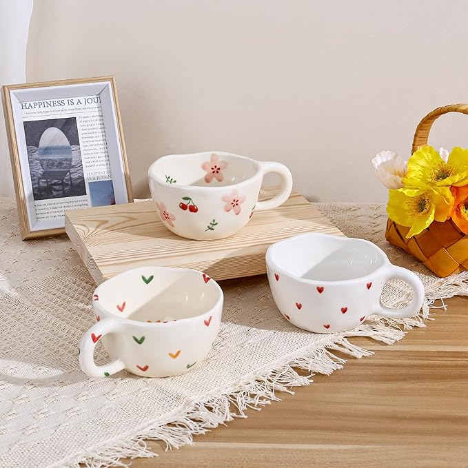 Koythin Ceramic Coffee Mug, Handmade Hot Chocolate Mugs, Cute Cup for Girl Women, Aesthetic Tea Milk Cup with Handle, 8.5 oz/250 ml for Latte, Cocoa, Office, Home (Pink Cherry Flowers)