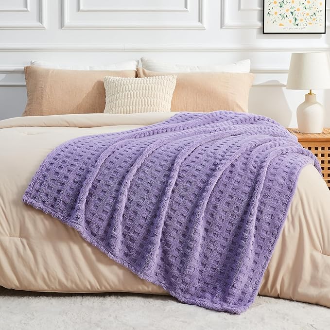 NEWCOSPLAY Super Soft King Blanket Lavender Premium Silky Flannel Fleece 3D Waffle Checkered Lightweight Bed Blanket All Season Use (Lavender, King(90"x110"))