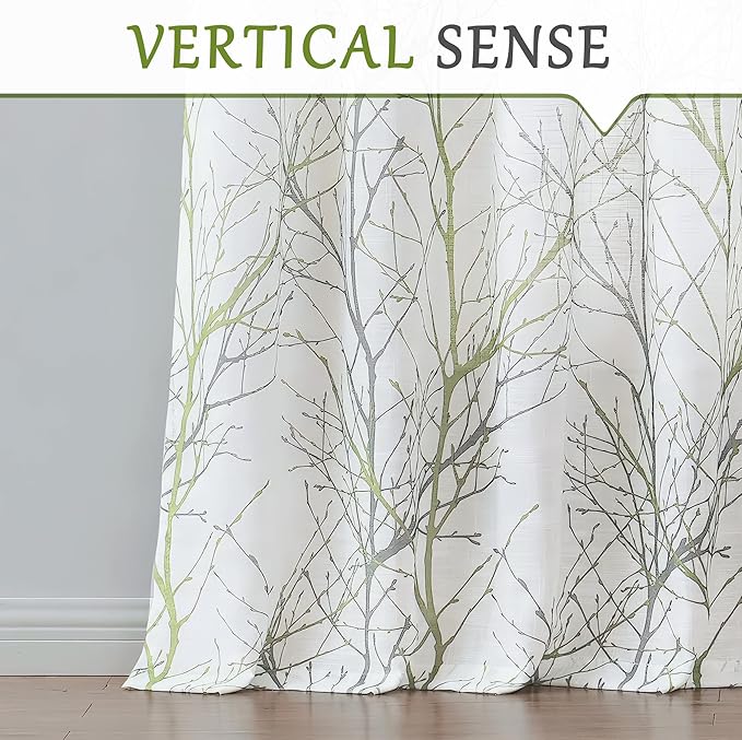 FMFUNCTEX Extra Wide Patio Door Curtain 100 inches Width by 96 Inch Length for Living Room Tree Print Not See Through Linen Semi Sheer Curtain Green Gray Branch Sliding Glass Door Curtains 1 Panel