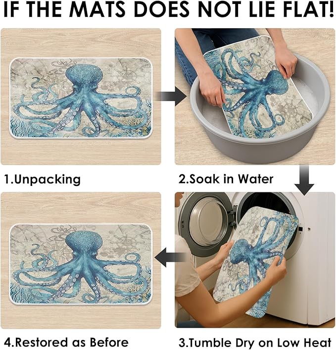 Britimes Blue Bath Mat for Bathroom, Sea Theme Octopus Washable Cover Floor Rug Carpets Floor Mat Bathroom Decorations 20x32 Inches for Kitchen Bedroom Indoor
