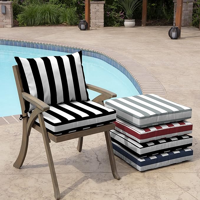 Arden Outdoor Dining Chair Cushion, 21 x 21, Rain-Proof, Fade Resistant 21 x 21, Black Cabana Stripe