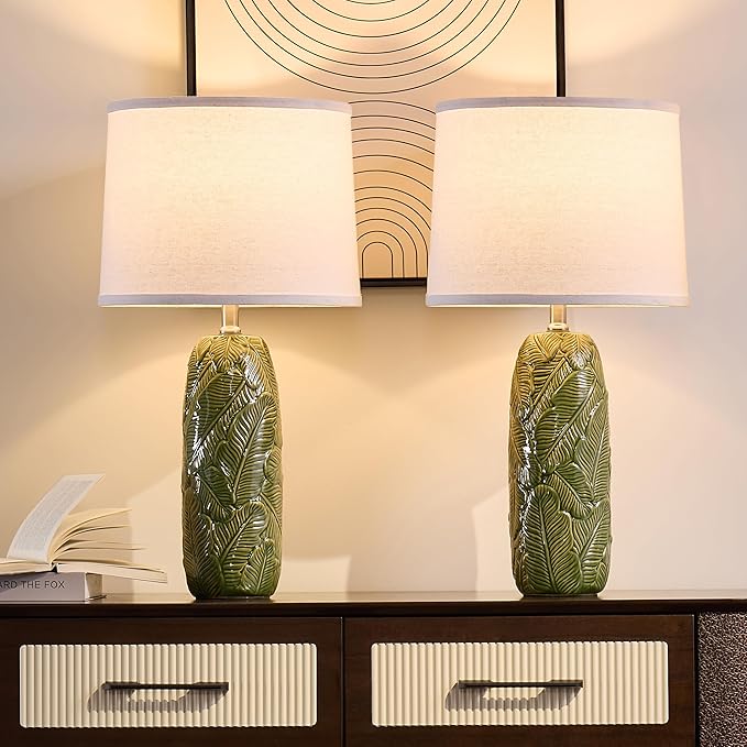25" Ceramic Table Lamp Green Nightstand Pottery Lamp with White Shade Modern Bedside Desk Lamps with Leaf Pattern for Living Room Bedroom