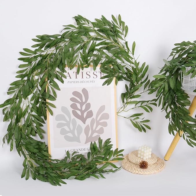 2Pcs Artificial Olive Leaves Garlands 6.2Ft-Fake Hanging Silk Willow Leaves Ivy Vines Faux Bayberry Leaves Twigs Greenery Rattan for Indoor Outdoor Wedding Birthday Party Home Garden Table Decor