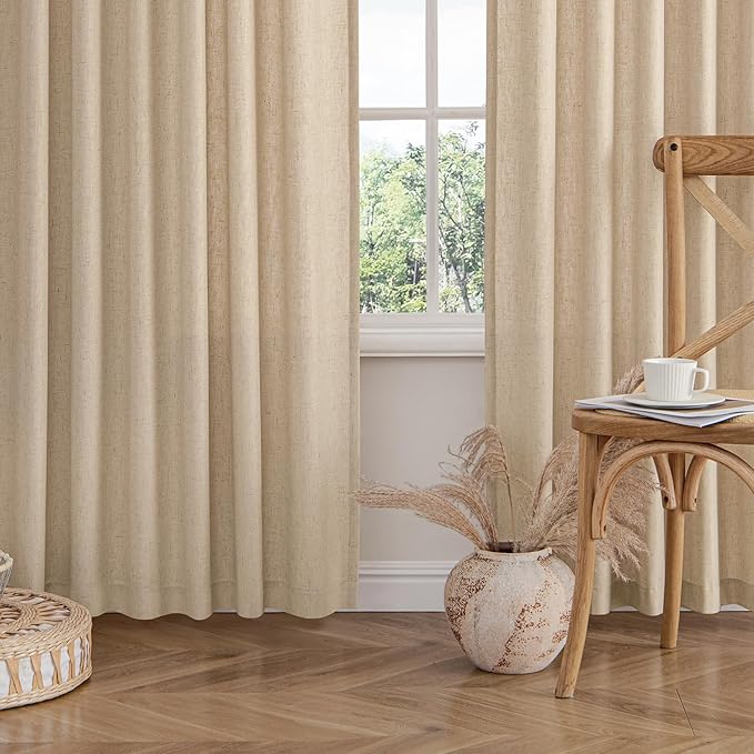 MIULEE Non-See-Through Privacy Linen Curtains 2 Panels, Light Filtering Window Curtains Farnhouse Textured Back Tab Semi Sheer Drapes for Bedroom Living Room, 52 x 72 Inches Long, Light Brown