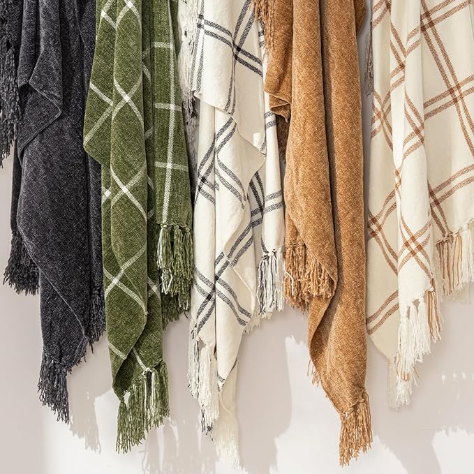 EVERGRACE Plaid Chenille Throw Blanket for Couch, Super Soft Cozy Decorative Windowpane Grid Plaid Throw with Tassels, Lightweight Chenille Knit Throw for Bed Sofa Gift, Cream & Beige 50"x60"