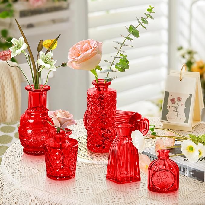 Red Glass Bud Vases Set, 24 Pcs Vintage Small Vases for Flowers, Crystal Mini Glasses in Bulk, Small Flower Design for Centerpieces Wedding Decorations Home Flower Party Decor