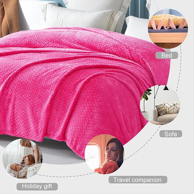 Exclusivo Mezcla Hot Pink Fleece Throw Blanket for Couch and Bed, 50x70 Inches Soft Cozy Jacquard Flannel Blankets, Lightweight Fuzzy Plush Warm Throws for All Seasons