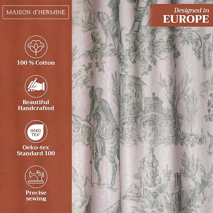 Maison d' Hermine Curtains for Living Room 100% Cotton 96 inch Length One Panel Light Filtering Toile Curtains for Bedroom Windows with Rod and Loop Pockets (The Miller Antique Green, 50" W x 96" L)