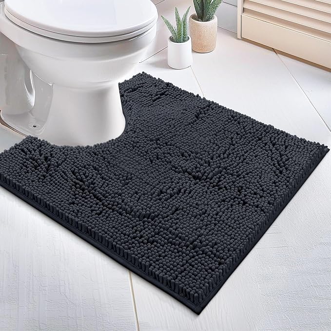 Bathroom Rugs Sets 2 Piece, Luxury Chenille Bath Mat Set, Soft Plush Anti-Slip Bath Rug + U-Shaped Toilet Mat. Microfiber Shaggy Carpet, Super Absorbent (24” x 36” & 20” x 24” U, Charcoal)