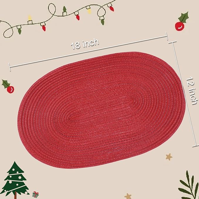 Noctiflorous Oval Braided Placemats Set of 6 Woven 12x18 Inch Non Slip Washable Heat Resistant Place Mats Round Tablemats for Dining Kitchen Party Daily Table Decor Dinner Mats (09 Red, 6)
