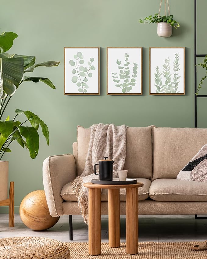 Drsoum Framed Botanical Plant Canvas Wood Wall Art Light Green Sage Wall Decor Eucalyptus Leaf Picture for Bedroom Living Room Bathroom Office 12βx 16β x 3pcs
