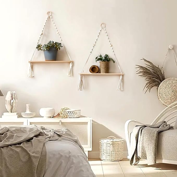 Artilady 2 Pack Wooden Wall Hanging Shelves - Boho Floating Shelves White Macrame Plant Shelf Adjustable Storage Rack Rustic Wall Decor for Bedroom Living Room Nursery