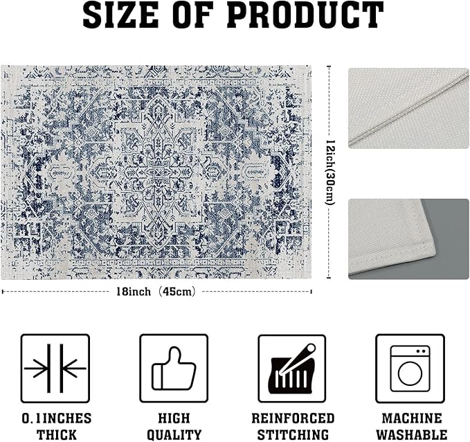 Navy Blue Grey Ethnic Boho Placemats Set of 4 Bohemian Carpet Vintage Gray Linen Washable Kitchen Dining Table Mats Stain Heat-Resistant Desktop Decor Place Mats for Home Party Indoor 12x18 in