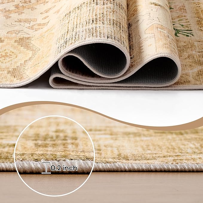 Boho Kitchen Rug Washable,4x6 Non Slip Small Area Rug for Bathroom Bedroom Indoor Entrway Ultra Thin Fit Under Door,Light Tan Beige Brown and Blush Pink Green