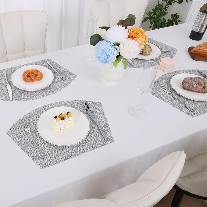 SHACOS Wedge Placemats Set of 4 Small Round Table Placemats Woven Vinyl Place Mats Non Slip Round Table Mats Wipe Clean, Gray White