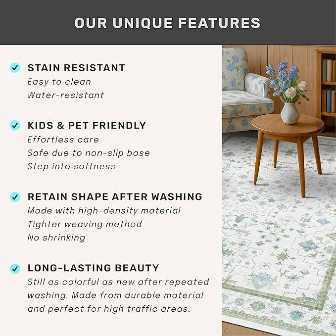Cream Oushak 6x8 Bedroom Rug - Boho Floral Cool Blue and Green, Washable Low Pile Non-Slip Ultra-Thin Large Area Rugs for Bed Room, Living Room