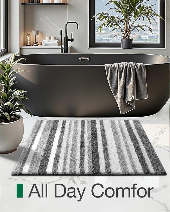 LUMI Striped Bath Rugs, Extra Soft and Absorbent Microfiber Bath Mat, Machine Wash Non-Slip for Bathtub or Bathroom Floor, 24"x43", Grey