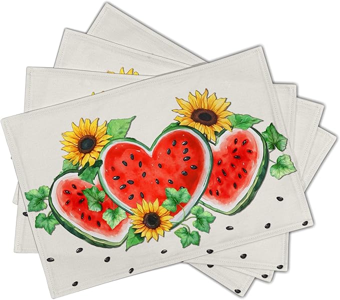 Summer Watermelon Placemat Set of 4,Sunflowers Table Mats Non Slip Heat-Resistant Washable Table Place Mats for Kitchen Dining Table Home Decoration 12 x 18 Inch