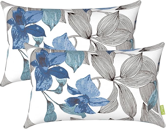 LVTXIII 2 Pack Outdoor Lumbar Pillow Covers, Water Repellent Lumbar Cushion Cases ONLY, 12 x 20 Inch Decorative Lumbar Pillow Cases for Home Patio Garden Furniture Ornament, Clemens Noir Blue