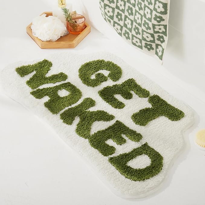 Irregular Get Naked Bath Mat - Funny, Cute Green Sage Rugs, 31" x 18" Non-Slip