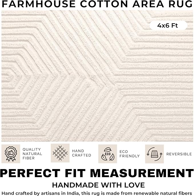 Boho Rugs for Living Room 4x6, Farmhouse Cotton Area Rug for Bedroom, Washable Tufted Indoor Floor Carpet for Kitchen Dorm Office Dining Room Office Home Decor,Light Linen