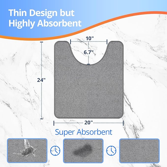 Toilet Rugs U Shaped Washable 24x20, Ultra Thin Toilet Rug Super Absorbent, Toilet Mat Rubber Backing Non-Slip, Toilet Mats Machine Washable Dry Quickly, Contour Bathroom Rugs for Toilet-Grey